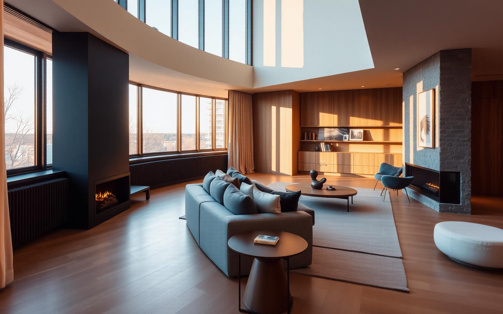 Warm, softly lit modern condominium interior at golden hour